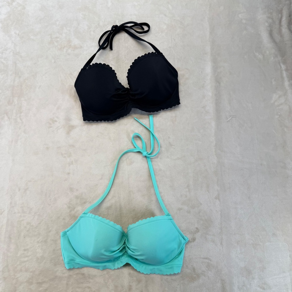 Victoria's Secret Bikini Tops Women 36C Black Aqua Scalloped Push Up 2pc Lot